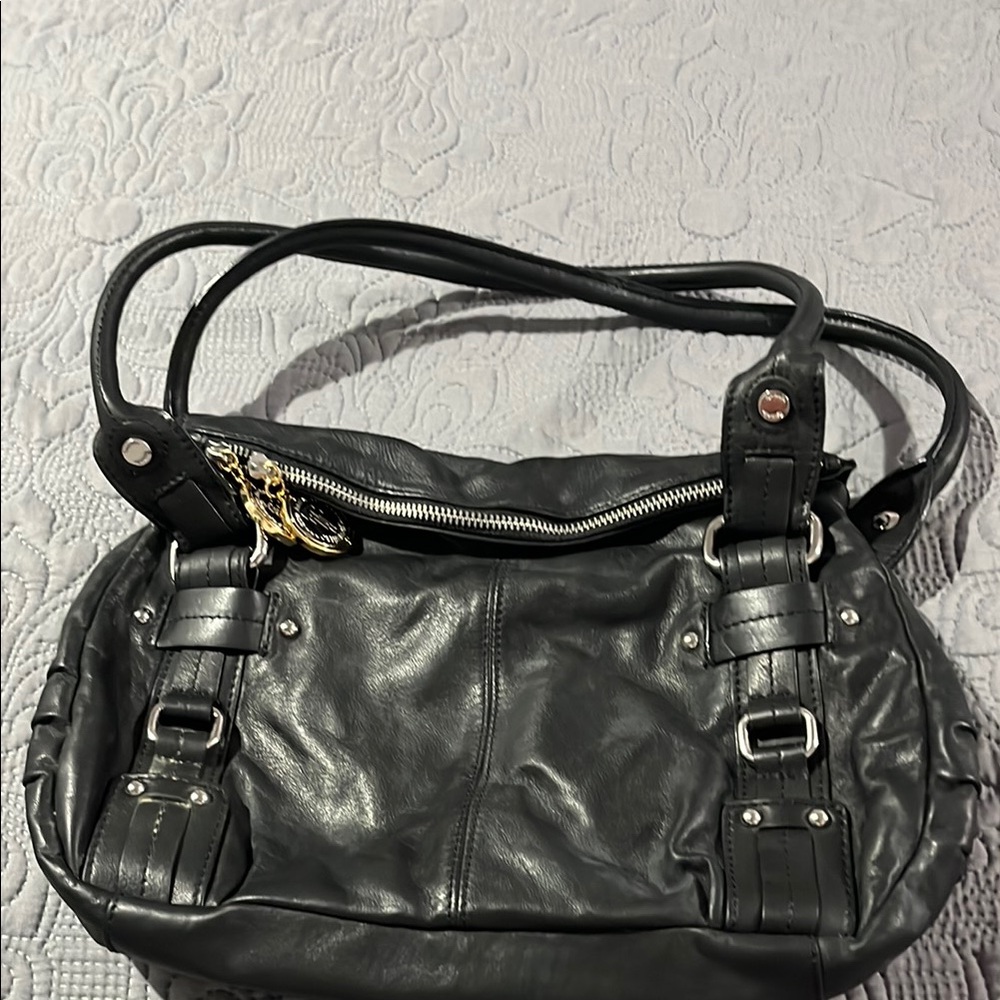 Tignanello Black Leather Shoulder Bag with Silver Accents